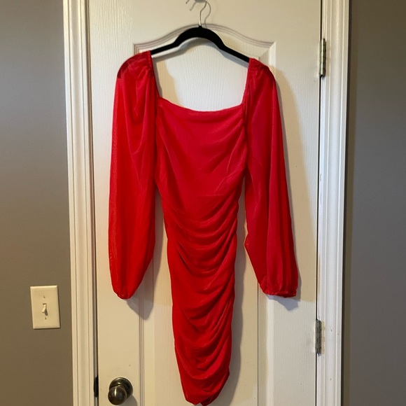 Shein Red Square Neck Lantern Sleeve Ruched Bodycon Dress - Picture 6 of 6